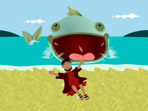 Jonah stayed inside the fish for 3 days and 3 nights then God told the fish to give a big cough and Jonah shot out of its mouth and onto dry land. He was very happy to be out of the fish!  Slide 8