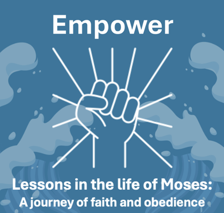 A blue background with a hand and text